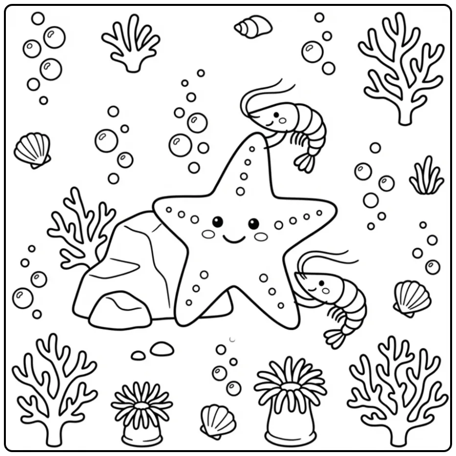 Schattige zeester kleurplaat met twee kleine garnalen.