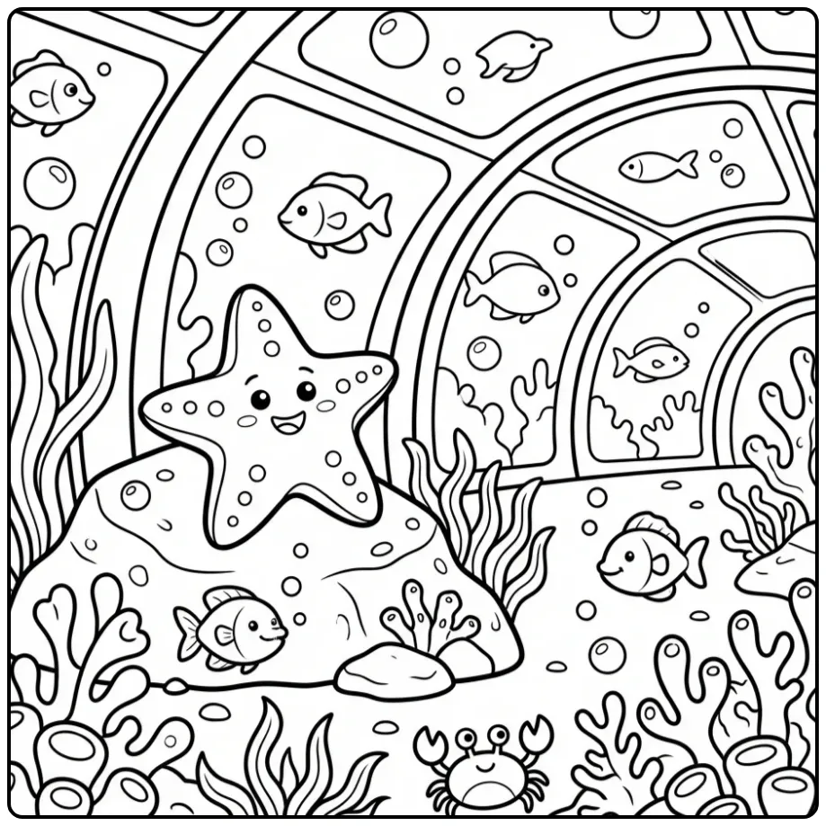 Schattige zeester kleurplaat in een aquarium tunnel.