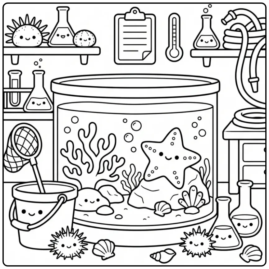 Leuke zeester kleurplaat in een tank met emmer en net.