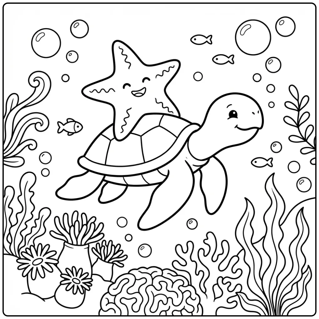 Zeester kleurplaat van een zeester die op een schildpad lift.