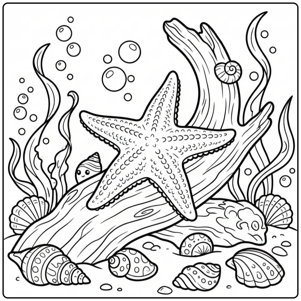 Cute zeester kleurplaat op drijfhout met schelpen en bellen.
