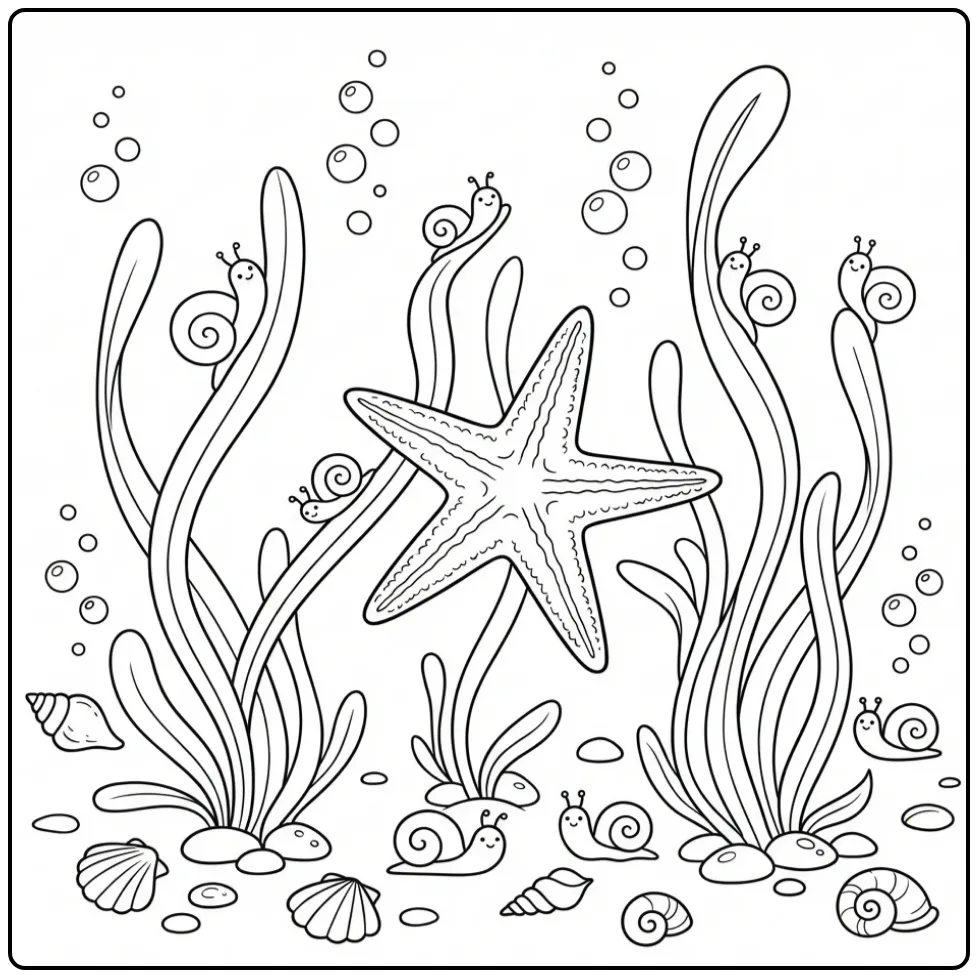 Schattige zeester kleurplaat in zeegras met bubbels en slakjes