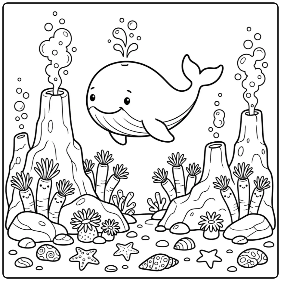 Schattige walvis kleurplaat bij hydrothermale bronnen.