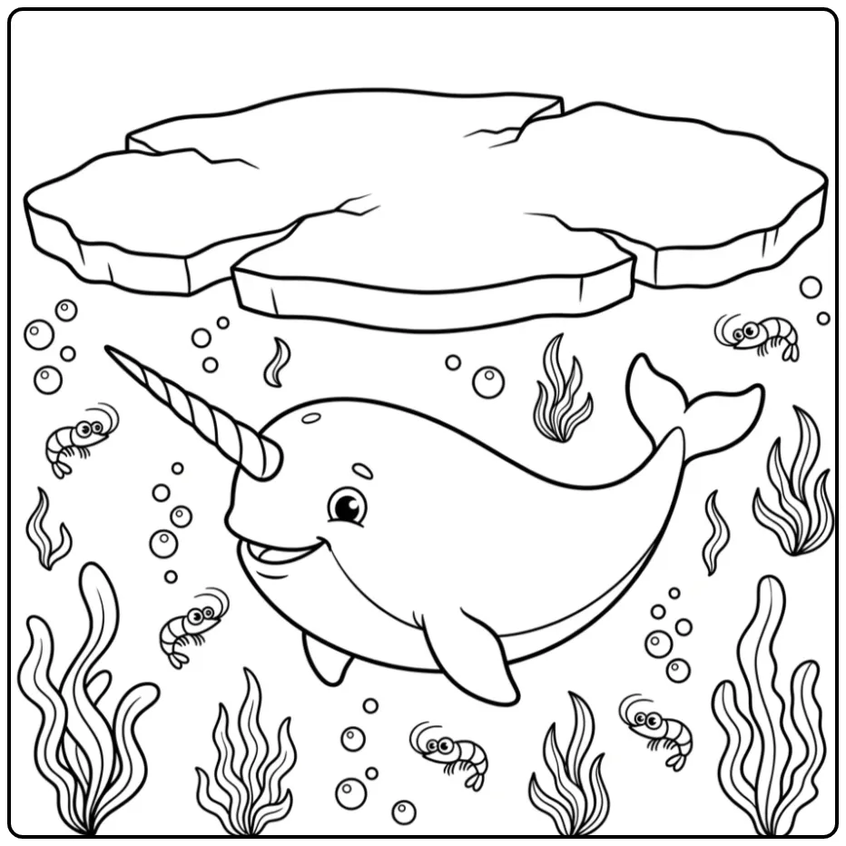 Schattige narwal onder ijs walvis kleurplaat voor kinderen