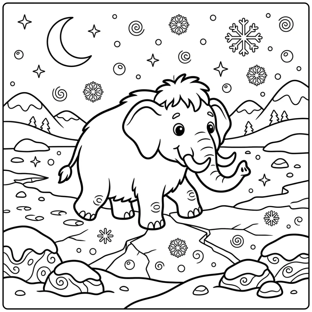 Schattige mammoet kleurplaat op een bevroren meer onder de maan.