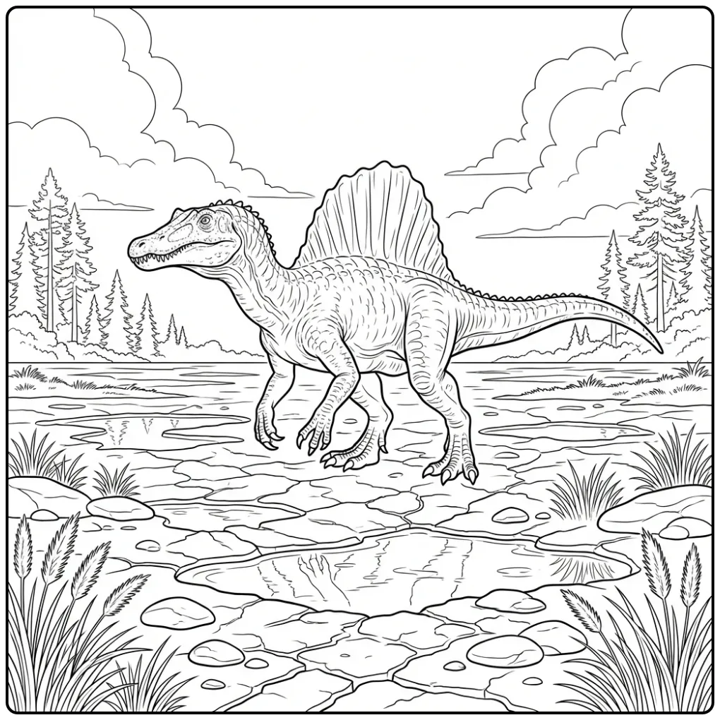 Realistische spinosaurus kleurplaat op gebarsten modder.