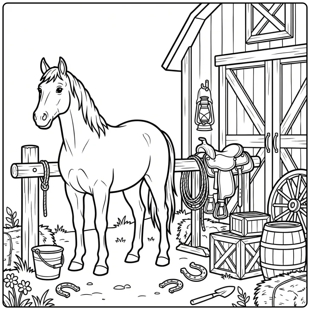 Schattige kleurplaat paard bij een boerderij.