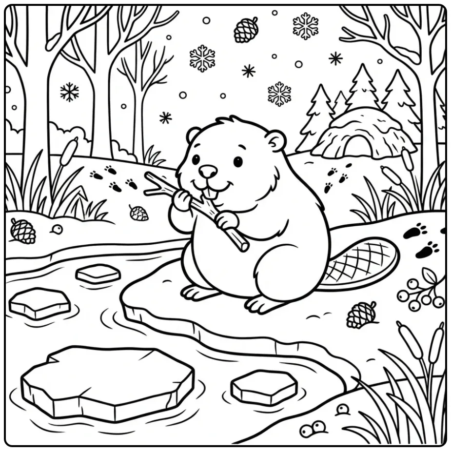 Een schattige bever kleurplaat in een winters sneeuwlandschap.