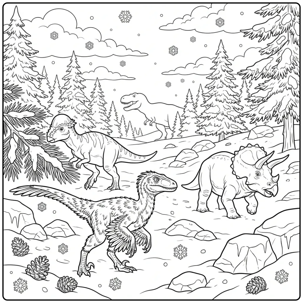 Een dino kleurplaat van dinosaurussen in een besneeuwd dal.