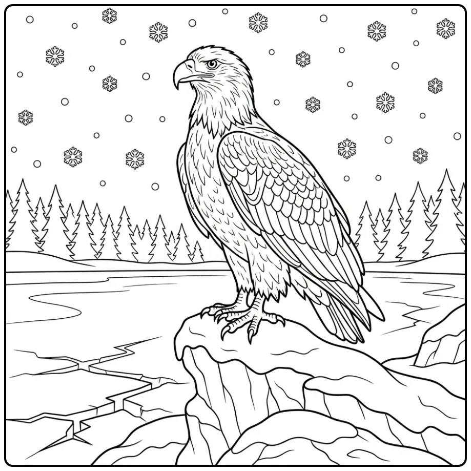 Mooie kleurplaat adelaar zittend op een rots in de sneeuw.
