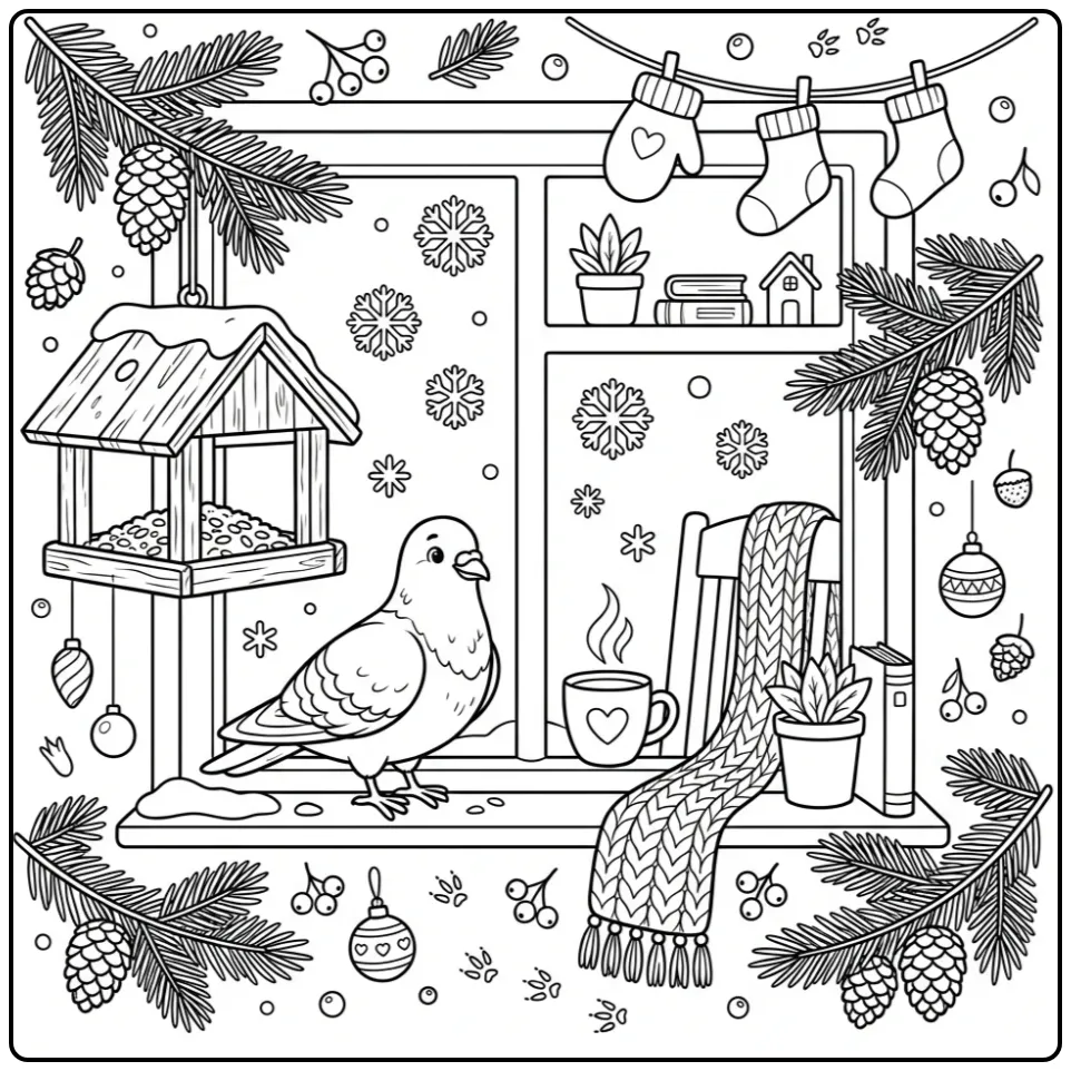 Schattige kleurplaat duif op een vensterbank in de winter.