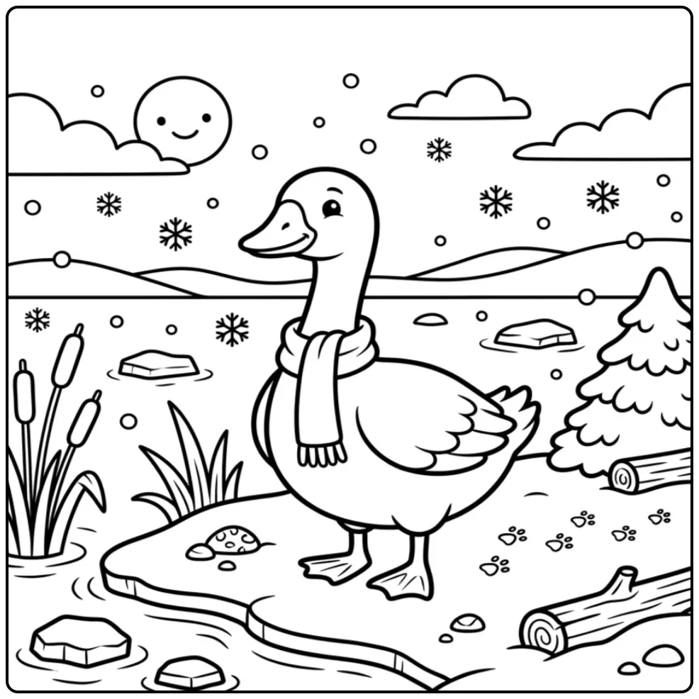 Een leuke kleurplaat gans in de sneeuw bij een bevroren meer.