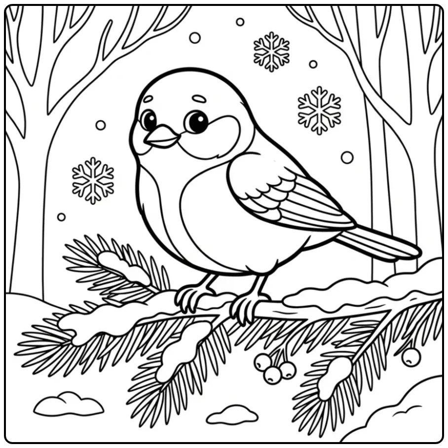 Een schattige kleurplaat koolmees op een besneeuwde tak.