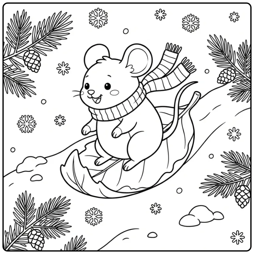 Schattige kleurplaat muis op een bladslee in de sneeuw.