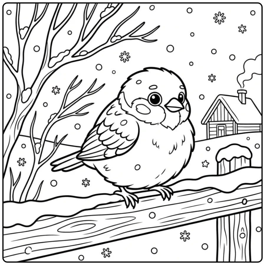 Schattige kleurplaat mus op een winters hek in de sneeuw.