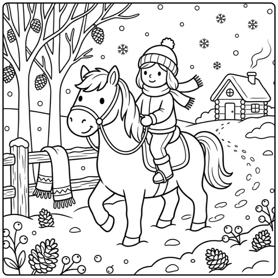 Sneeuwlandschap met kleurplaat paard met ruiter.