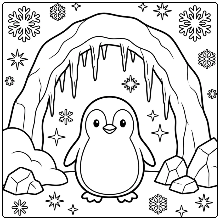 Leuke kleurplaat pinguin onder een ijsboog met ijspegels.