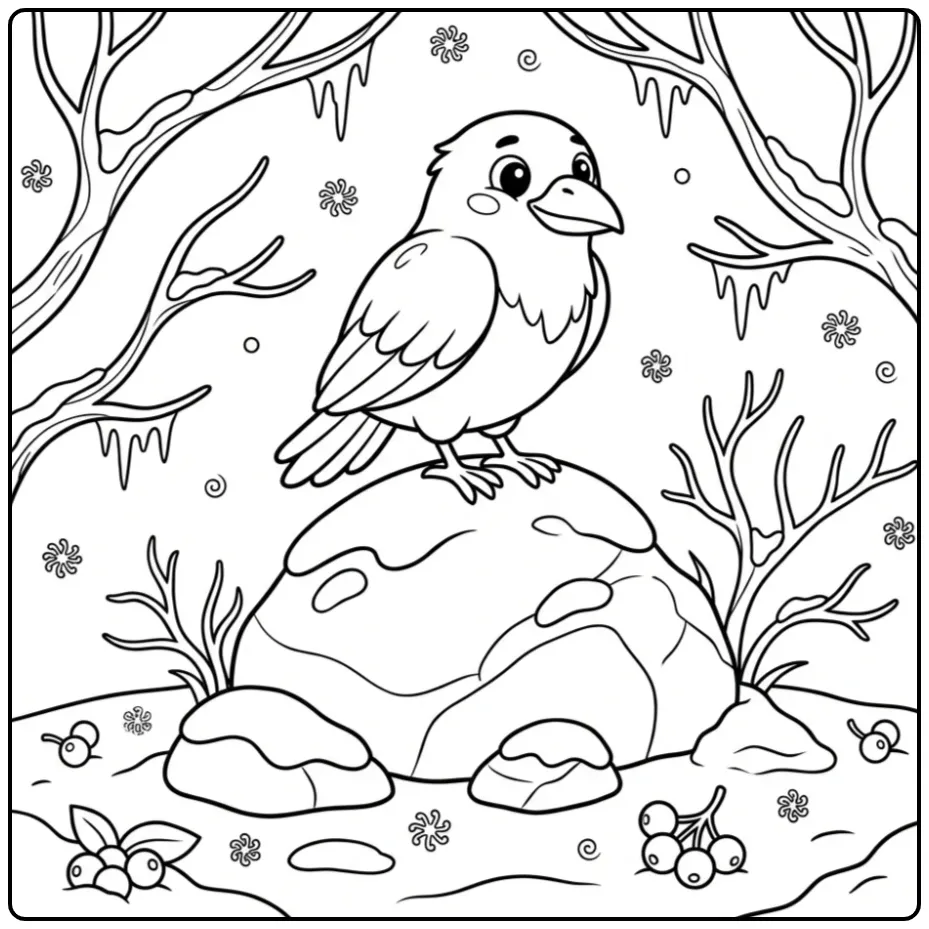 Schattige kleurplaat raaf op een rots in de winter.