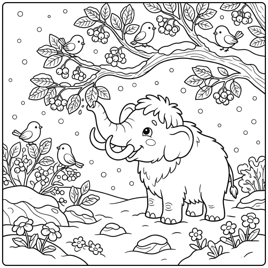 Schattige mammoet kleurplaat etend van een tak met sneeuw.