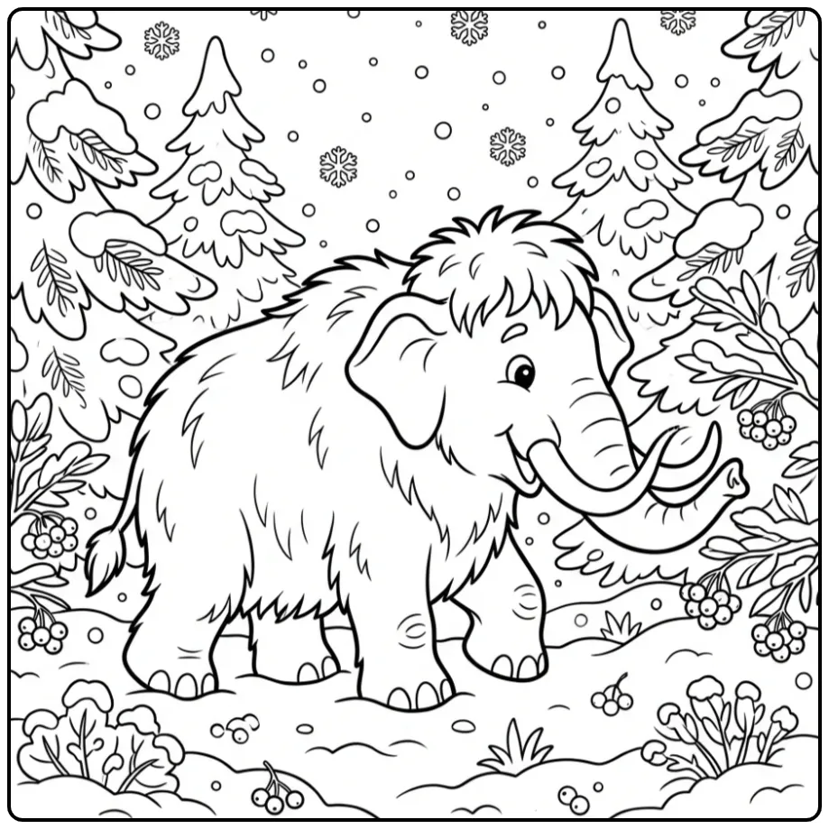 Schattige mammoet kleurplaat in een winters bos.