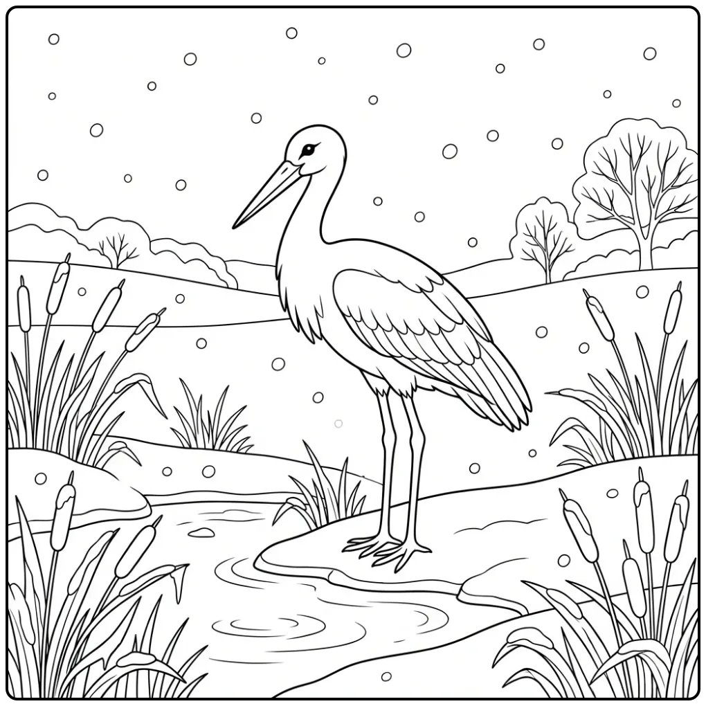 Mooie ooievaar kleurplaat bij bevroren water