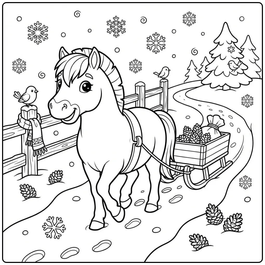 Schattige paarden kleurplaat fjord met slee en sneeuw.
