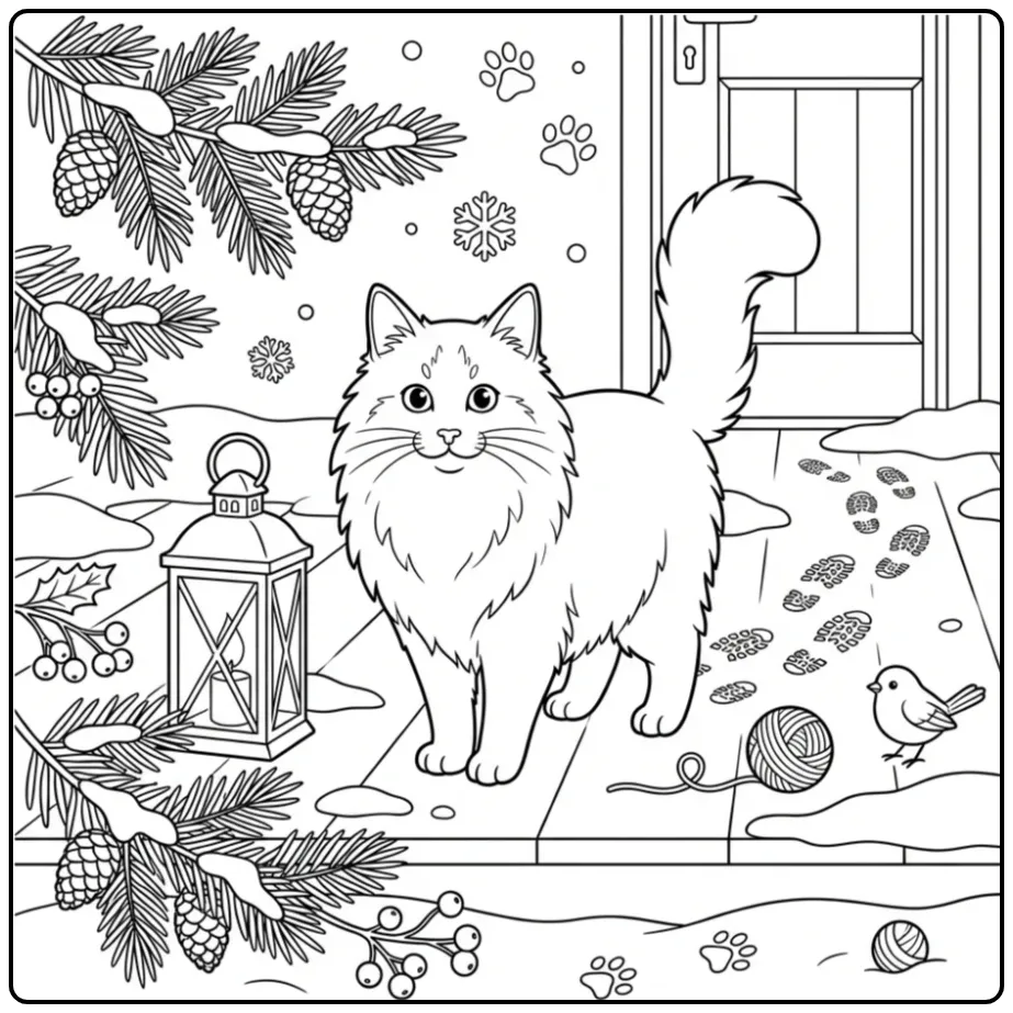 Leuke poes kleurplaat met Noorse boskat op een winterse veranda