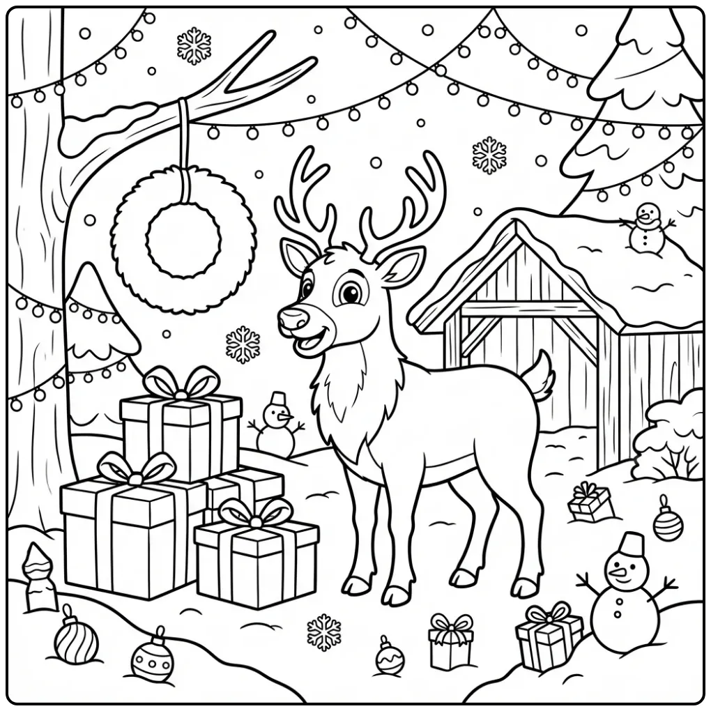 Leuke rendier kleurplaat met cadeautjes in de sneeuw.