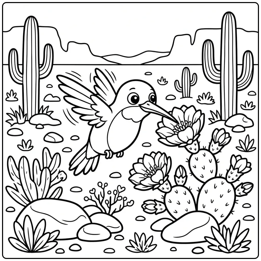 Een schattige kleurplaat kolibrie bij een grote cactusbloem.