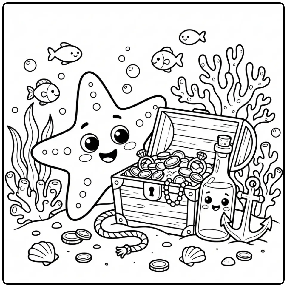 Leuke zeester kleurplaat met een schatkist onder water.