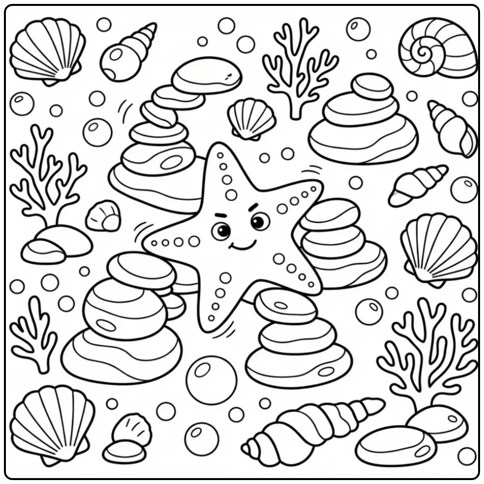 Een vrolijke zeester kleurplaat in een doolhof van stenen.