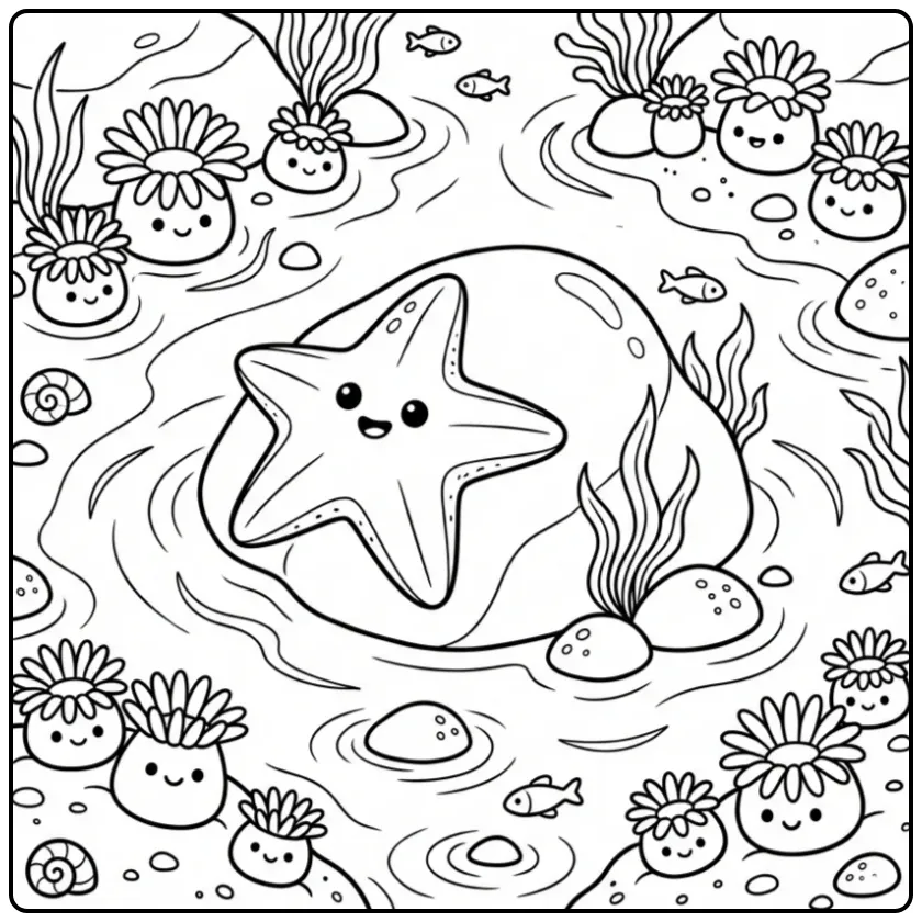 Vrolijke zeester kleurplaat op een rots in een getijdenpoel.