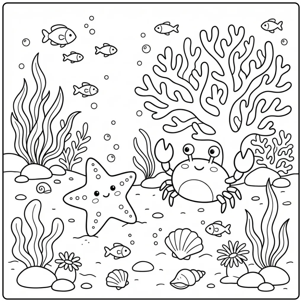 Schattige zeester kleurplaat met een krab op het rif.