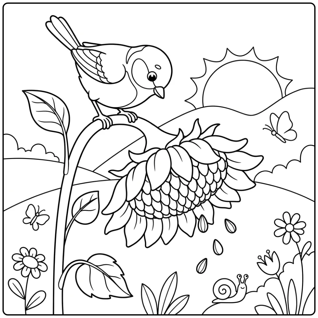 Vrolijke kleurplaat koolmees op een zonnebloem.