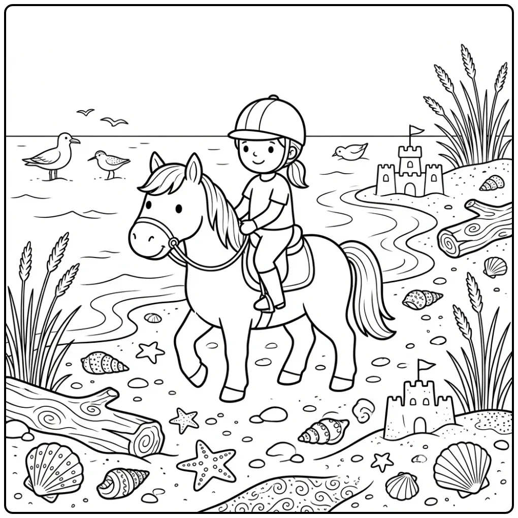 Een schattige kleurplaat paard met ruiter op het strand.