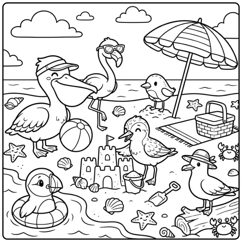 Vrolijke kleurplaat vogel met strandthema en zandkasteel