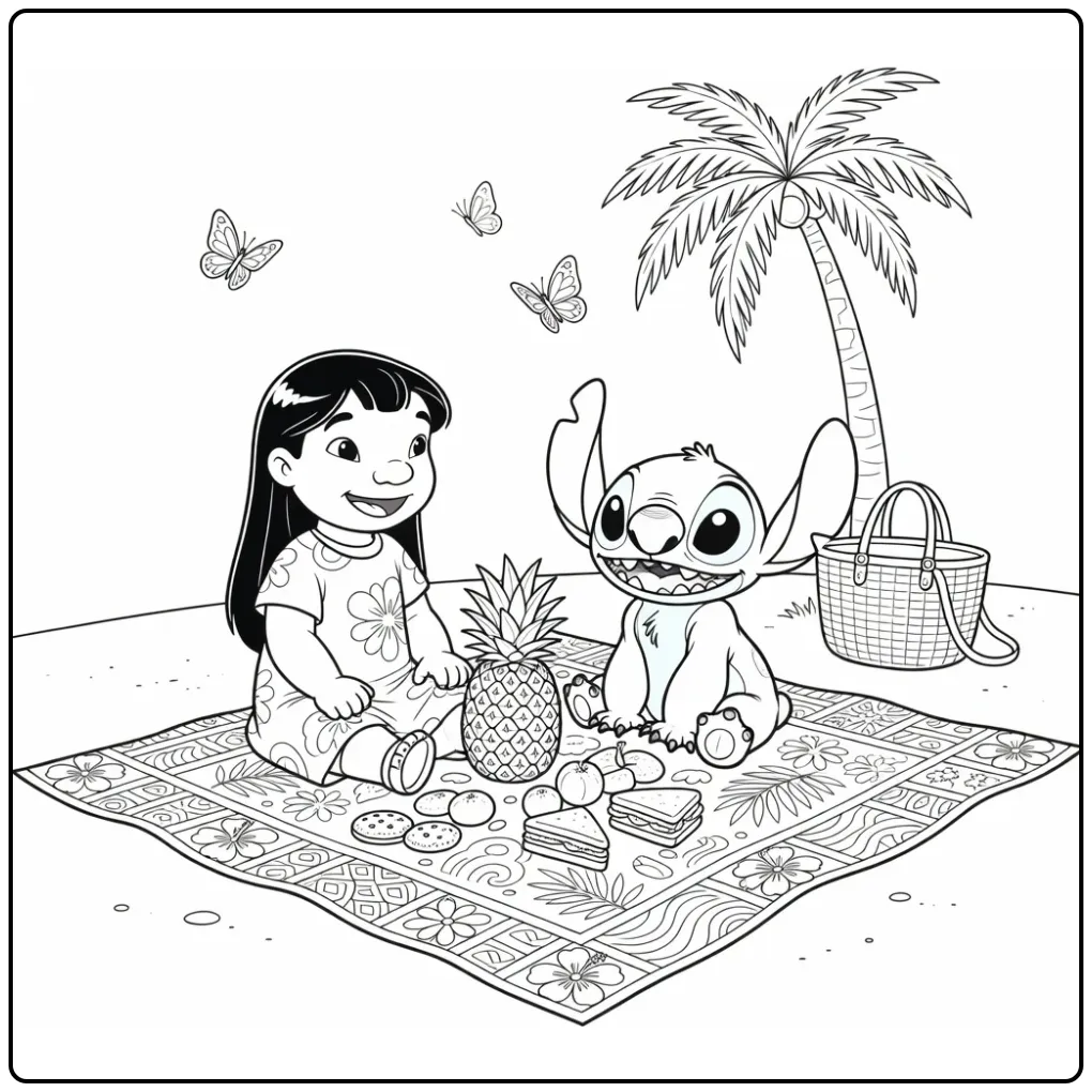 Vrolijke lilo en stitch kleurplaat tijdens een picknick.