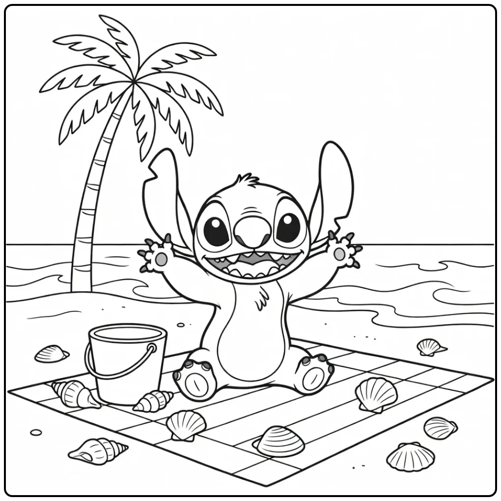 Vrolijke stitch kleurplaat makkelijk zwaaiend op het strand.