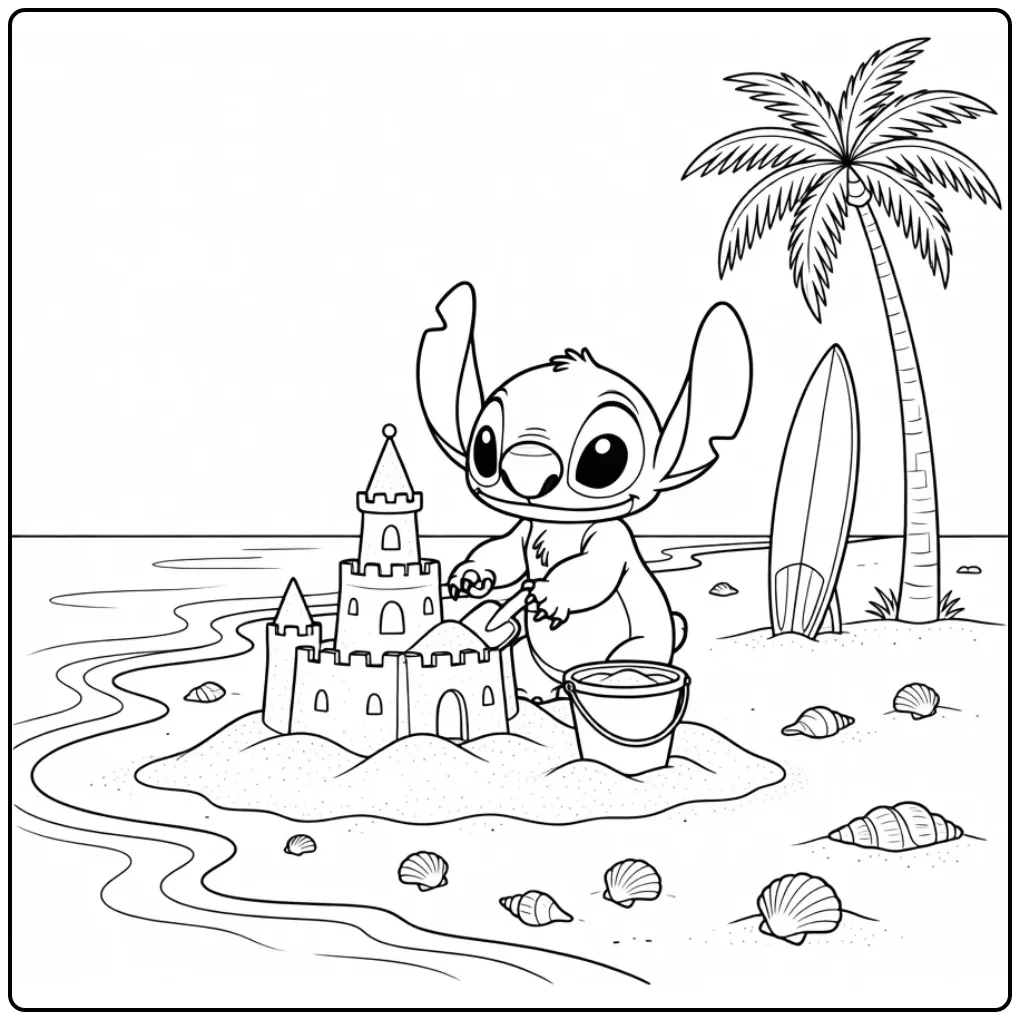 Stitch kleurplaat die een zandkasteel bouwt op het strand.
