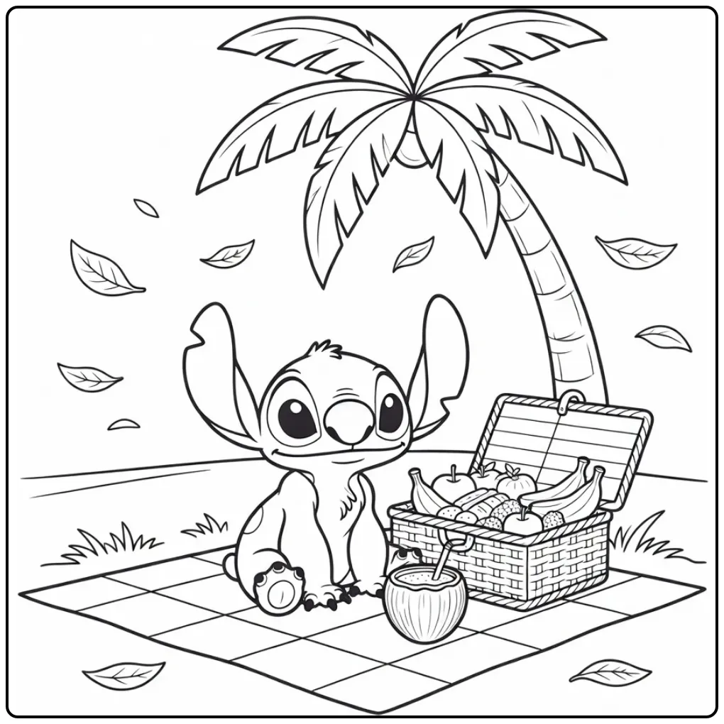 Stitch kleurplaat met een picknickmand onder een palmboom.