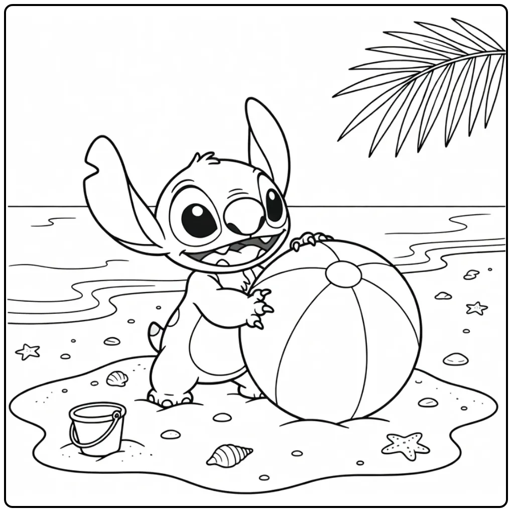 Een stitch kleurplaat schattig makkelijk met strandbal.