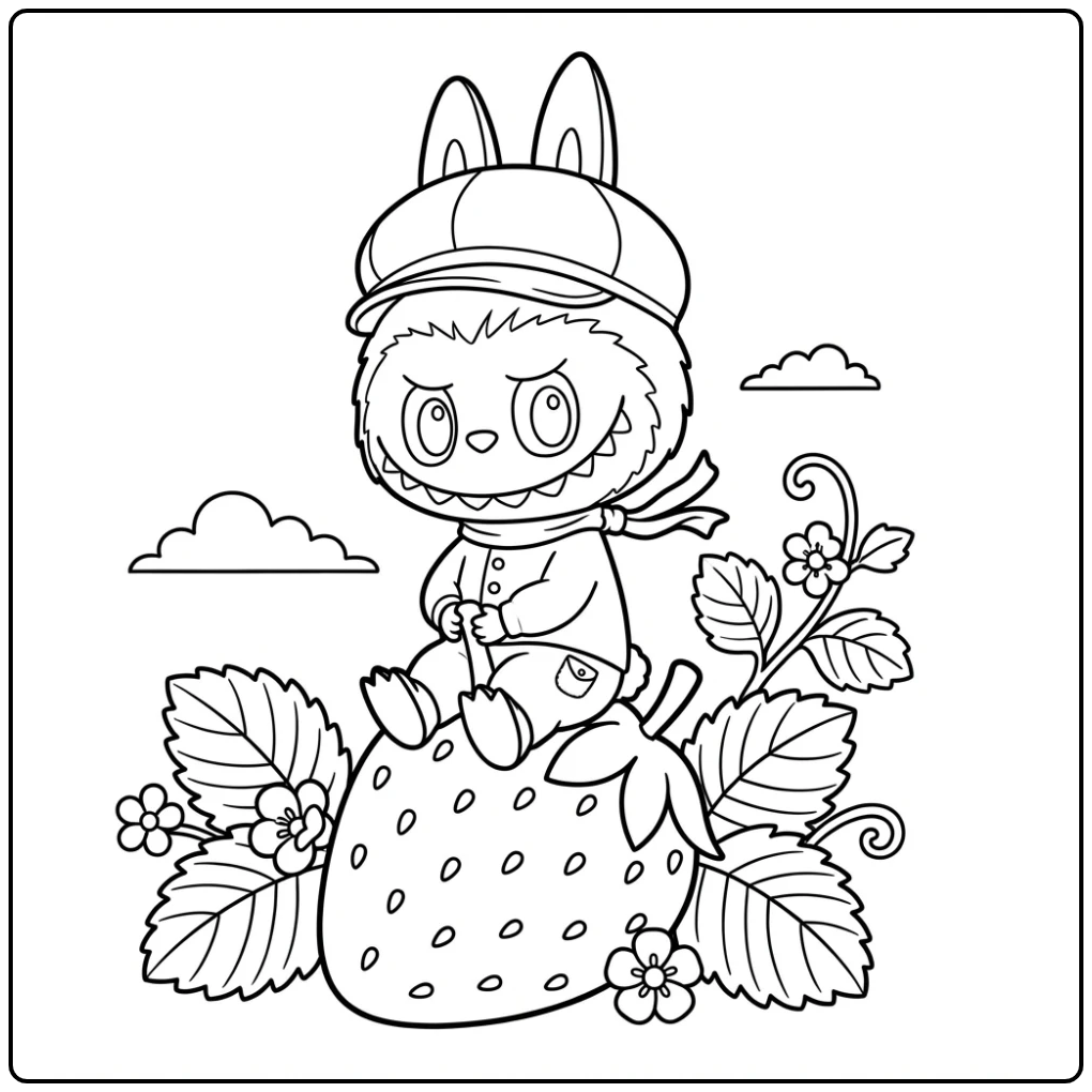 Kleurplaat van Labubu op een grote aardbei. Aardbei Labubu Kleurplaat.