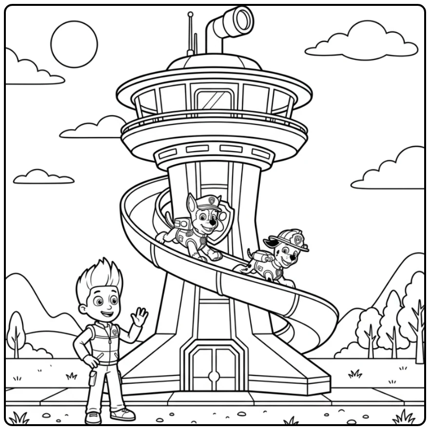 Spannende paw patrol uitkijktoren kleurplaat: Chase en Marshall glijden!