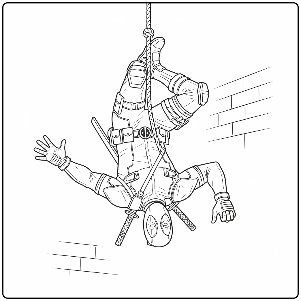 Grappige deadpool kleurplaat ondersteboven aan een touw.
