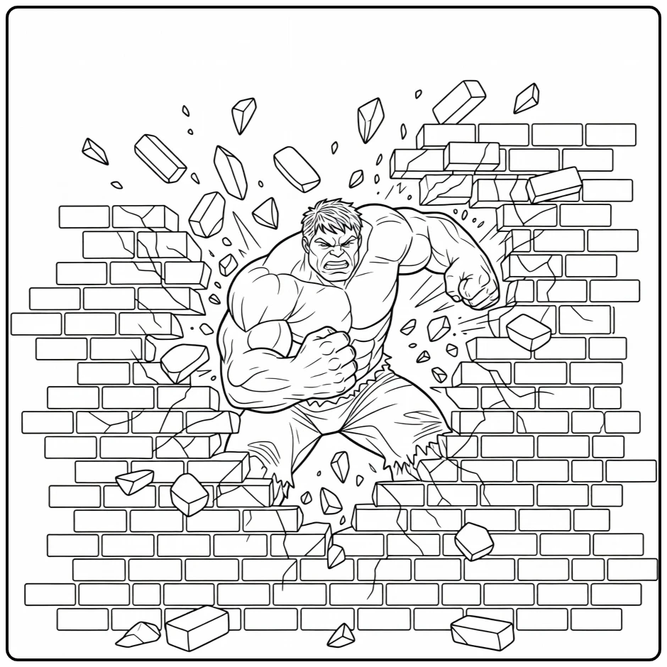 Krachtige hulk kleurplaat waar hij door een muur heen slaat.