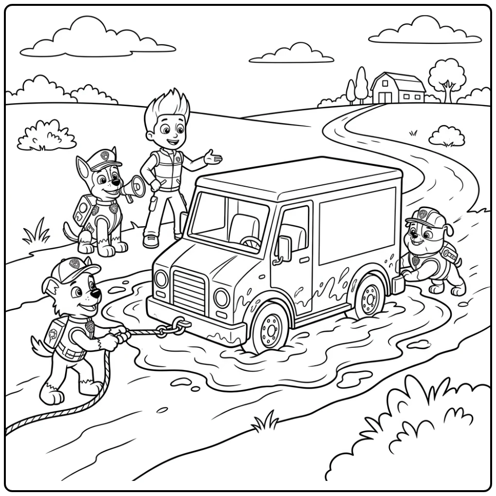 kleurplaat paw patrol chase en Ryder redden een vrachtwagen.