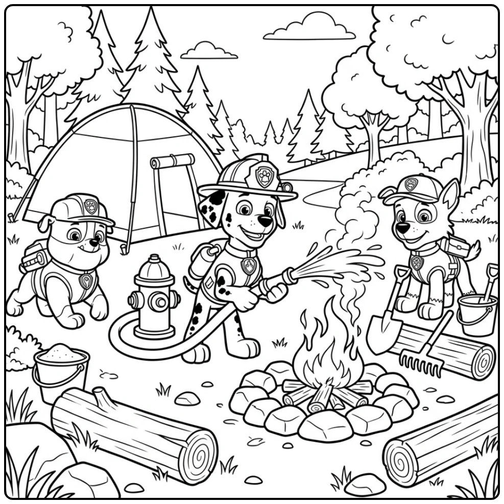 kleurplaat paw patrol marshall redt de dag met brandslang bij kampvuur