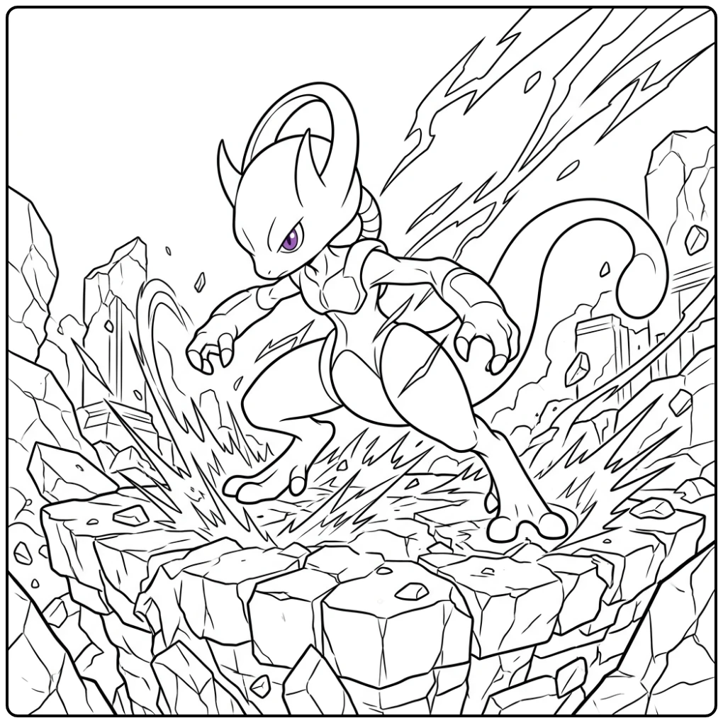 Spannende pokemon kleurplaat mega mewtwo op gebroken steen.
