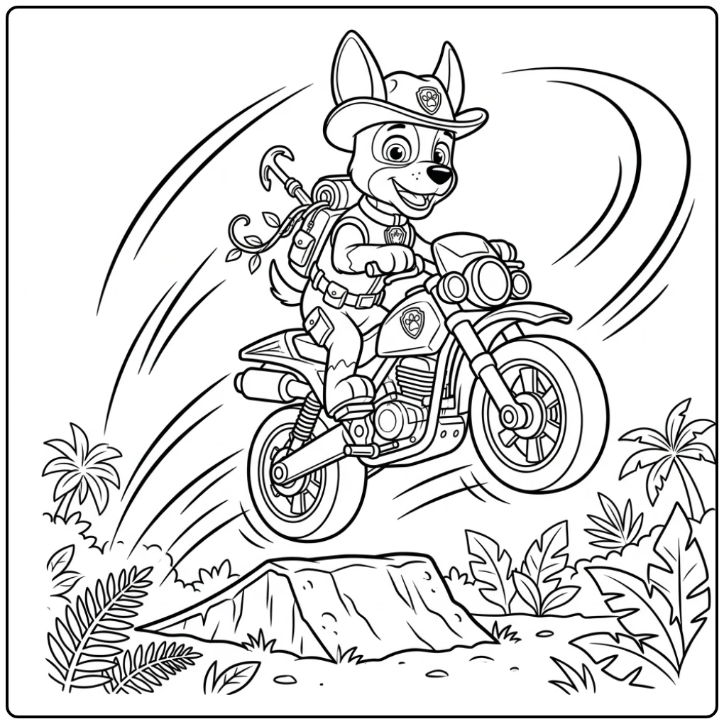 Tracker springt met motor over ramp, patrol moto pups paw patrol moto pups kleurplaat.
