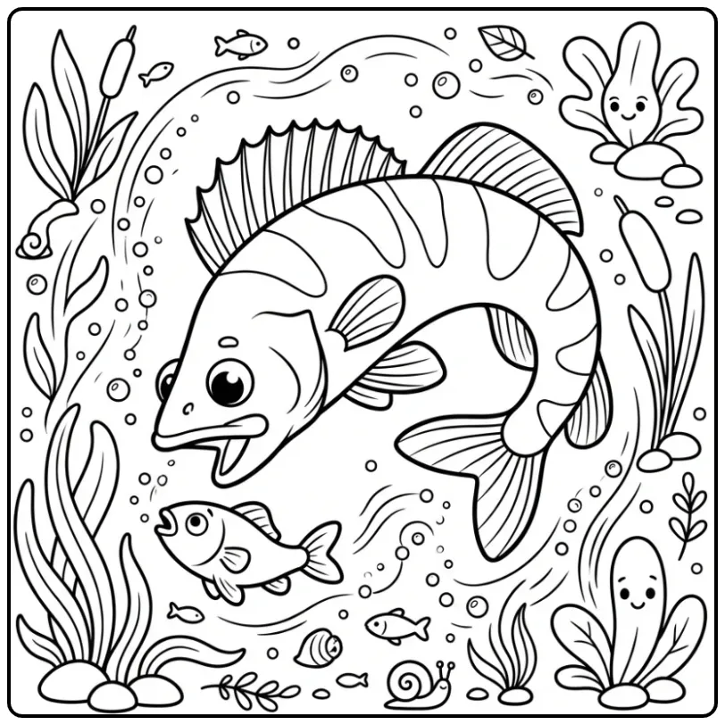 Een leuke kleurplaat snoekbaars die jaagt op een visje.